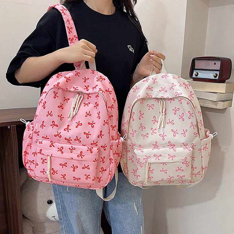School Backpack Teen - かわいいリボン柄バックパック ナイロン製カジュアルデイパック おしゃれなリボン柄スクールバックパック ティーンガール向け 旅行用デイリーショルダーバッグ