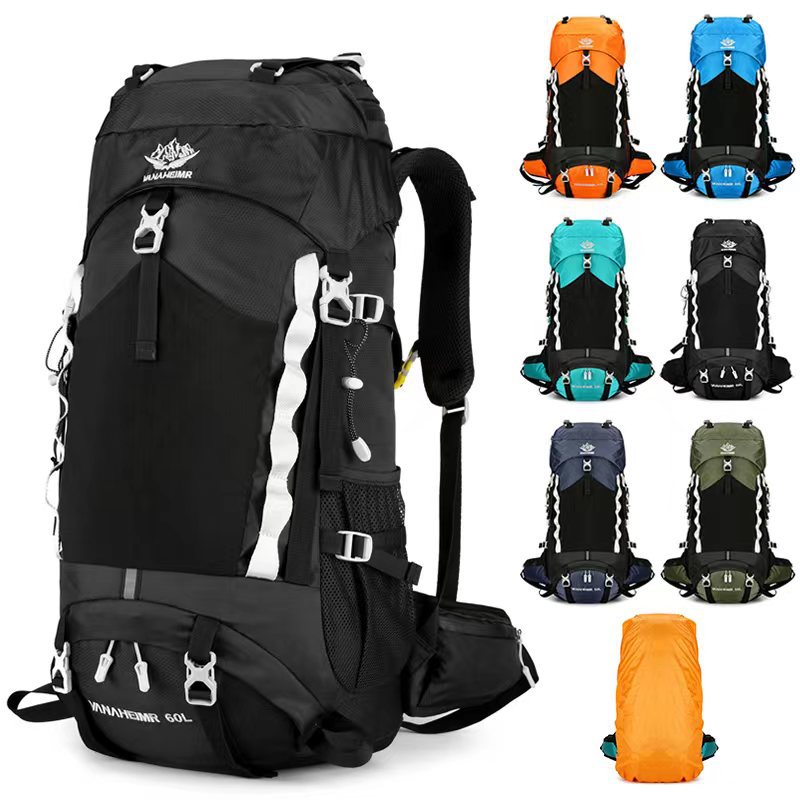 Rain Cover Backpack - 60L 大容量ハイキングバックパックレインカバー付き通気性キャンプ登山リュックサックトラベルバッグアウトドア戦術バックパック