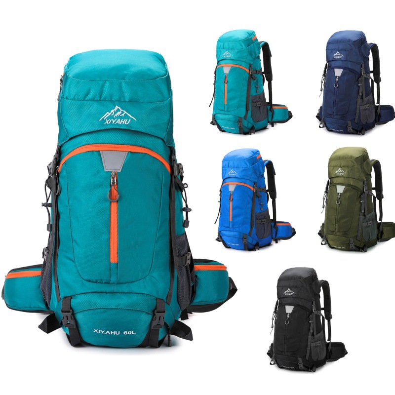 Rain Cover Backpack - 60L キャンプバックパックトラベルバッグ男性用大容量アウトドアスポーツトレッキングハイキング登山ショルダーバッグレインカバー付き
